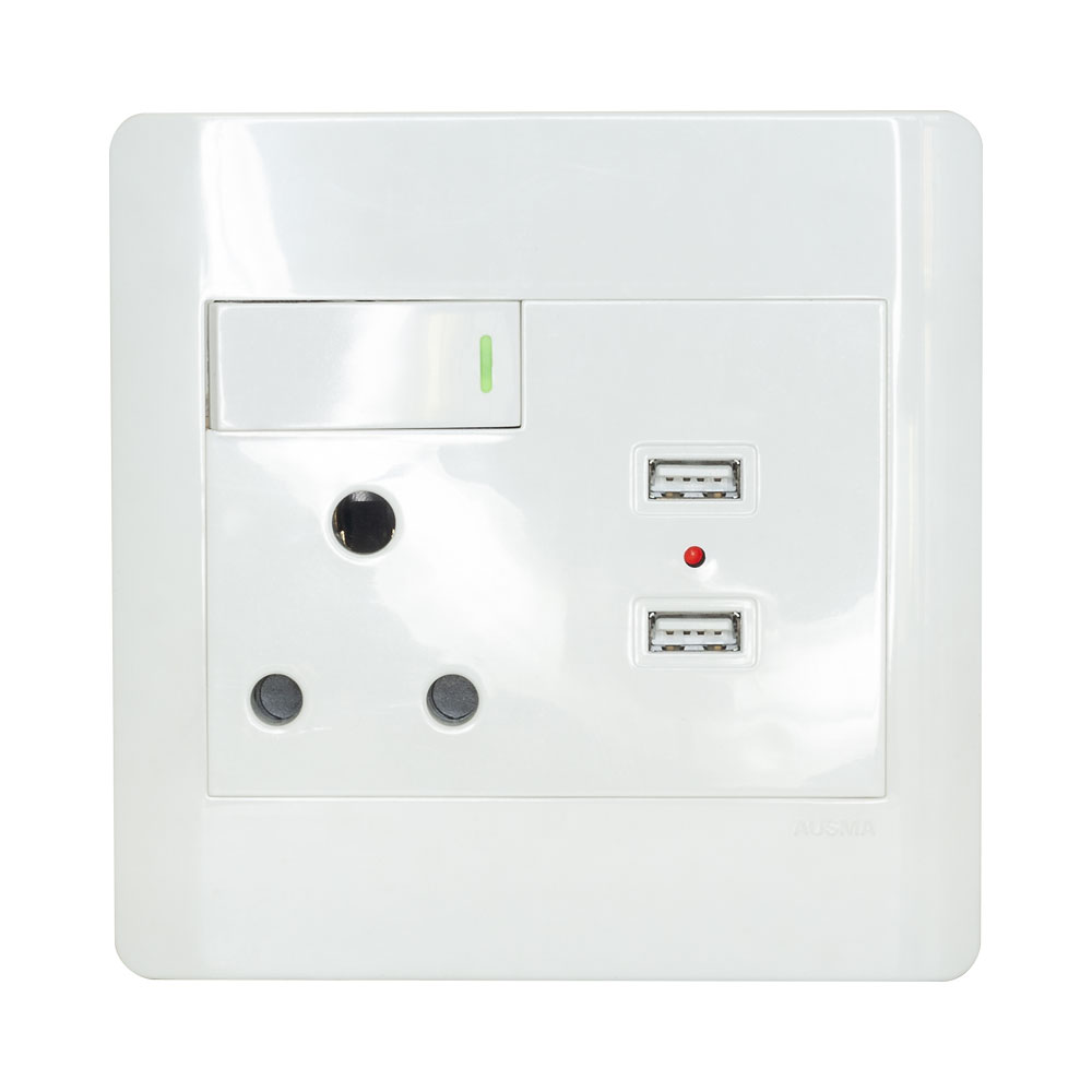 LinkQnet SINGLE WALL SOCKET (16A X1), (2X 2.1A USB) S001-B